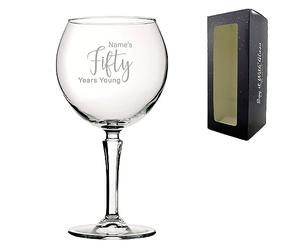 Personalised Engraved 50th Birthday Hudson Gin and Cocktail Glass, Name's 50 Years Young, Gift for Women, Mum, Auntie, Delicate Font, 650ml or 23oz Hudson Gin Balloon, Engraved in The UK