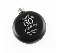 Personalised Engraved 5oz Round Black Painted Stainless Steel Pocket Hip Flask, Happy 60th Birthday Design, Gift for Him, Happy Birthday Gift, Laser Engraved in The UK