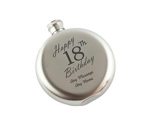 Personalised Engraved 5oz Round Silver Stainless Steel Hip Flask, Happy 18th Birthday Design, Gift for Him, Happy Birthday Gift, Laser Engraved in The UK