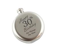 Personalised Engraved 5oz Round Silver Stainless Steel Hip Flask, Happy 30th Birthday Design, Gift for Him, Happy Birthday Gift, Laser Engraved in The UK