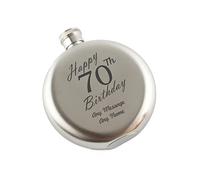 Personalised Engraved 5oz Round Silver Stainless Steel Hip Flask, Happy 70th Birthday Design, Gift for Him, Happy Birthday Gift, Laser Engraved in The UK