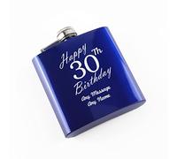 Personalised Engraved 6oz Blue Painted Stainless Steel Pocket Hip Flask, Happy 30th Birthday Design, Gift for Him, Grandad, Happy Birthday Gift, Laser Engraved in The UK