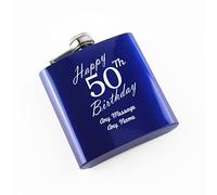 Personalised Engraved 6oz Blue Painted Stainless Steel Pocket Hip Flask, Happy 50th Birthday Design, Gift for Him, Grandad, Happy Birthday Gift, Laser Engraved in The UK