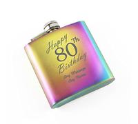 Personalised Engraved 6oz Rainbow Stainless Steel Pocket Hip Flask, Happy 80th Birthday Design, Gift for Her, Happy Birthday Gift, Laser Engraved in The UK