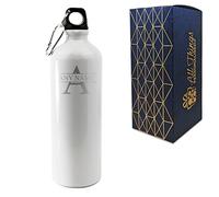 Personalised Engraved 750ml White Painted Aluminium Sports Bottle with Initial and Name. Sturdy screw lid with clip attachment. Comes with presentation box.