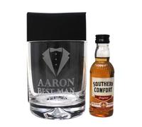 Personalised Engraved Best Man Wedding Glass Tumbler & Miniature Alcohol Gift Set For Usher | Groomsman | Groom | Father of the Bride | (SoCo Whiskey Liqueur 21% vol/Cardboard Gift Box)