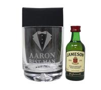 Personalised Engraved Best Man Wedding Glass Tumbler & Miniature Alcohol Gift Set For Usher | Groomsman | Groom | Father of the Bride | (Irish Whiskey 40% vol/Cardboard Gift Box)