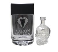 Personalised Engraved Best Man Wedding Glass Tumbler & Miniature Alcohol Gift Set For Usher | Groomsman | Groom | Father of the Bride | (Skull Vodka 40% vol/Cardboard Gift Box)