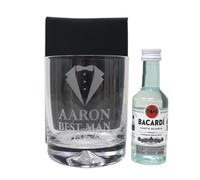 Personalised Engraved Best Man Wedding Glass Tumbler & Miniature Alcohol Gift Set For Usher | Groomsman | Groom | Father of the Bride | (White Rum 37.5% vol/Cardboard Gift Box)