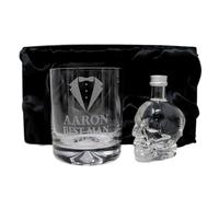Personalised Engraved Best Man Wedding Glass Tumbler & Miniature Alcohol Gift Set For Usher | Groomsman | Groom | Father of the Bride | (Skull Vodka 40% vol/Silk Lined Gift Box)