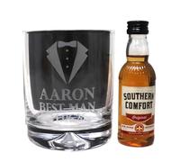 Personalised Engraved Best Man Wedding Glass Tumbler & Miniature Alcohol Gift Set For Usher | Groomsman | Groom | Father of the Bride | (SoCo Whiskey Liqueur 21% vol/No Gift Box)