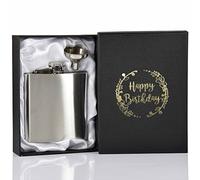 Personalised Engraved Birthday Hip Flask 6oz Gift Box & Funnel - Happy Birthday Lid - Silver Lining