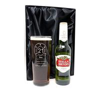 Personalised Engraved Birthday Pint Beer/Lager Glass Gift For Dad 40th & Grandad 60th. Gift For Boys 21st Birthday. (Stella Artois Premium Lager Beer, Silk Lined Gift Box) 4.6% vol