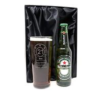 Personalised Engraved Birthday Pint Beer/Lager Glass Gift for Dad 40th & Grandad 60th. Gift for Boys 21st Birthday. (Heineken Premium Lager Beer, Silk Lined Gift Box) 5% vol