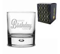 Personalised Engraved Bubble Whisky Glass Tumbler with Happy Birthday Name Design, Gift Boxed, Personalise with Any Name