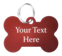 Personalised, Engraved Coloured Metal Bone Shaped Dog Tag Custom Text Front and Back (Red)