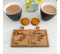 Personalised Engraved Couples Coaster Set with Names, Wooden Coaster, His Her Gift, Mr Mrs Gift, Anniversary Wedding Gift, Leaf Design
