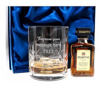Personalised Engraved Crystal Glass Tumbler & Miniature (Disaronno Originale, Silk Lined Gift Box)