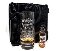 Personalised Engraved Crystal Highball Glass & Miniature - Southern Comfort Design (Silk Lined Gift Box)