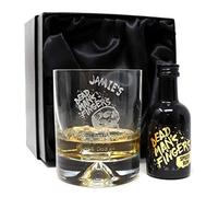 Personalised Engraved Dimple Glass Tumbler & Miniature Gift Set - Dead Man's Fingers Rum Design (Spiced Rum, Silk Lined Gift Box)