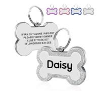 Personalised Engraved Dog Tag Cat ID Tags Zinc Alloy 25mm Glitter Bling Paw Print Tag ID Tags Pretty Gift for Your Pets (Bone-Silver)