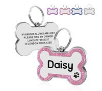 Personalised Engraved Dog Tag Cat ID Tags Zinc Alloy 25mm Glitter Bling Paw Print Tag ID Tags Pretty Gift for Your Pets (Bone-Pink)