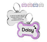Personalised Engraved Dog Tag Cat ID Tags Zinc Alloy 25mm Glitter Bling Paw Print Tag ID Tags Pretty Gift for Your Pets (Bone-Purple)