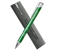 Personalised Engraved Elegant Metal Ballpoint Pen Comes in a Classy Gray Paper Pen Holder, Blue Plus Black Ink Refill - Enter Your Custom Text (Green)