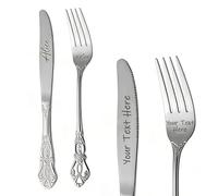 Personalised Engraved Fork with Text, 2PCS Stainless Steel Forks and Knife, Personalized Carving Fork, Birthday Anniversary Wedding Valentine's Day Gift for Couple Lover Family Her and Him (Sliver-A)
