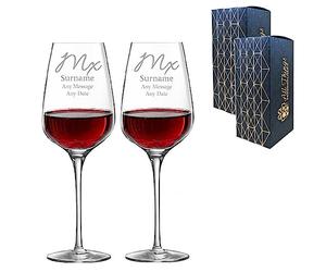 Personalised Engraved Gender Neural Wedding Gift, Mx and Mx or Custom Title, Sublym Wine Glass Set of Two, 15.8oz/450ml Wine Glasses, Gift Boxed, Elegant Font Design, Engraved in The UK