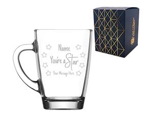 Personalised Engraved Glass Coffee Hot Drinks Tea Mug with You're A Star Design, Personalise with Any Message, Gift Box Included, Laser Engraved, Thank You Gratitude Retirement Teacher Gift