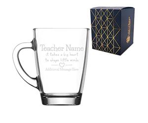 Personalised Engraved Glass Hot Drinks Mug with A Big Heart Shapes Little Minds Design, Personalise with Any Name and Message, Gift Box Included, Laser Engraved, Teacher End of Term School Gift