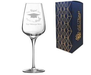 Personalised Engraved Graduation Wine Glass with 'The Tassel was Worth the Hassle' Design, Personalise with Any Name or Message, Gift Box Included, Laser Engraved, University College Graduation Gift