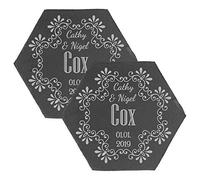 Personalised Engraved Hexagon Slate Wedding Coaster with Names Set of 2