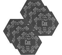 Personalised Engraved Hexagon Slate Wedding Coaster with Names Set of 6