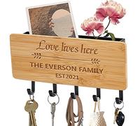 Personalised Engraved Key Holder for Wall - Mounted Organizer With Hooks for Entryway, Hallway, Kitchen - Small Bamboo Racks for Keys and Letters (Love Live Here)