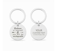 Personalised Engraved Keychain Believe in Yourself - Round Stainless Steel Keyring, Inspirational Quote Gift, Custom Back Side, Mirror Polished Finish