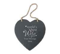 Personalised Engraved Large Hanging Heart Slate with World's Best Wife Design, Personalise with Any Message for Valentines, Anniversaries