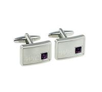 Personalised Engraved Light Brushed Rhodium Plated Indent Crystal Amethyst Purple Birthstone February Cufflinks with Initials