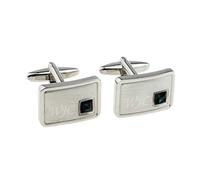 Personalised Engraved Light Brushed Rhodium Plated Indent Crystal Emerald Green Birthstone May Cufflinks with Initials