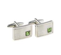 Personalised Engraved Light Brushed Rhodium Plated Indent Crystal Peridot Green Birthstone August Cufflinks with Initials