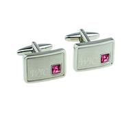 Personalised Engraved Light Brushed Rhodium Plated Indent Crystal Rose Pink Birthstone October Cufflinks with Initials