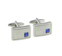 Personalised Engraved Light Brushed Rhodium Plated Indent Crystal Sapphire Blue Birthstone September Cufflinks with Initials