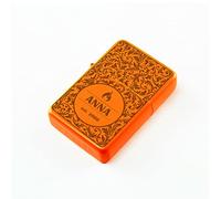 Personalised Engraved Matt Orange Colour Painted Lighter, with Fern Leaves Pattern, Add Any Name and Birth Year. Comes with a Soft Lined Metal Tin Gift Box for Presentation.