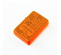 Personalised Engraved Matt Orange Colour Painted Lighter, with Hexagonal Pattern, Add The Recipients Name and Birth Year. Comes with a Soft Lined Metal Tin Gift Box for Presentation.