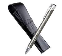Personalised Engraved Metal Ballpoint Pen Comes in Genuine Leather Pen Case/Pouch, Blue Plus Black Ink Refill - Personalised Gifts for the Holidays or Christmas - Enter Your Custom Text (Gray)