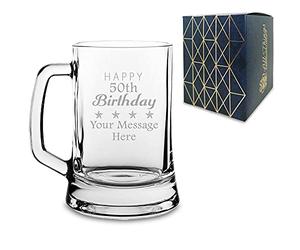 Personalised Engraved Novelty Beer Mug/Tankard with Birthday Design, Comes with Presentation Gift Box, Personalise for Any Birthday Year, Just Add Name or Message