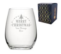 Personalised Engraved Novelty Christmas Stemless Wine Glass with Merry Christmas Tree Design, Customise with Any Name or Message, Gift Box Included, Laser Engraved