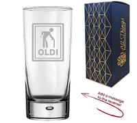 Personalised Engraved Novelty Hiball Glass Tumbler with Oldi Design, Add a Personalised Message to the Reverse, Gift Box Included, Laser Engraved, Gift for Dad Grandad Colleague Retirement, Funny Gift