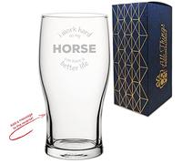 Personalised Engraved Novelty Pint Glass with I Work Hard so My Horse can Have a Better Life Design, Add a Personalised Message to the Reverse, Laser Engraved, Gift Box Included, Horse Lover Gift